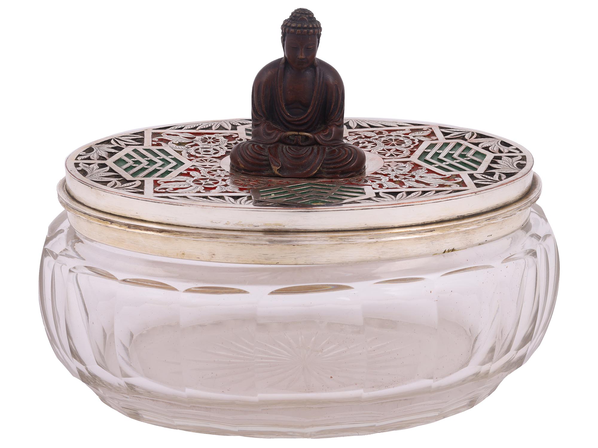 ANTIQUE JAPANESE GLASS AN ENAMEL BOX WITH BUDDHA PIC-0